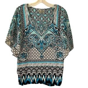 Women’s JM Collection Teal and Black Patterned Knit Top - Size M - NWOT